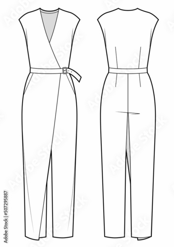 Vector woman wrap sleeveless jumpsuit with belt on side