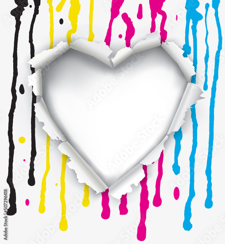 Torn paper heart with print colors.
Heart-shaped hole in the paper with Flowing ink. Banner background for presenting of color print. Place for your text or image. Vector available.