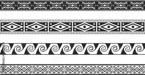 Vector set of seamless monochrome geometric Indian ornaments. Borders, frames, patterns of indigenous peoples of the Americas, Aztec, Maya, Incas.