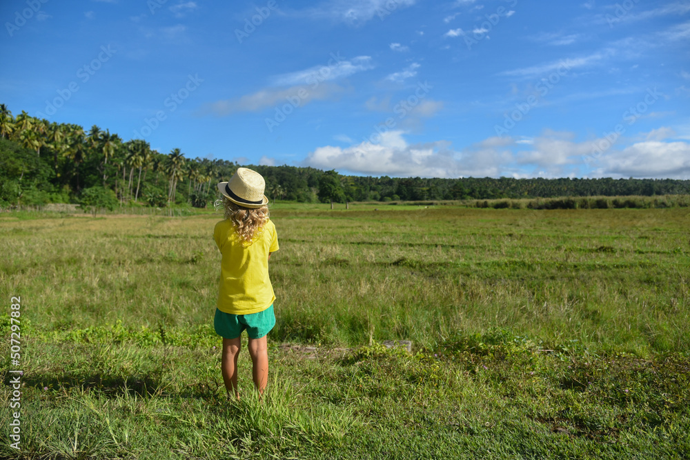 A little curly-haired boy walks in nature in a hat and a yellow T-shirt. Family vacation, traveler, trip, summer time. Green grass and blue sky in the background, back view, life style A little curly-haired boy walks in nature in a hat and a yellow T-shirt. Family vacation, traveler, trip, summer time. Green grass and blue sky in the background, back view, life style