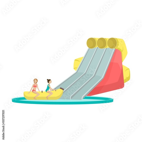 Adults relaxing in water park pool vector illustration. People sliding down tall water slides in aqua park isolated on white