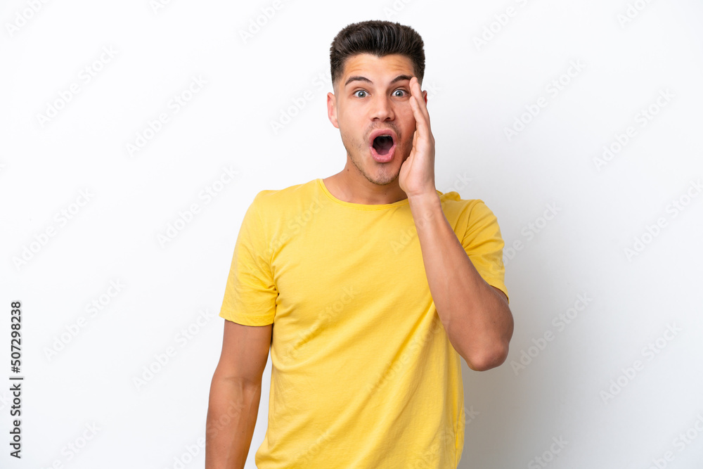 Young caucasian man isolated on white background with surprise and shocked facial expression Young caucasian man isolated on white background with surprise and shocked facial expression