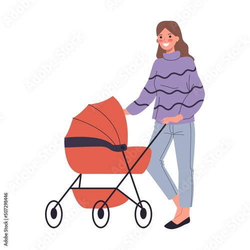 Mom walking with children. Young women wheeling strollers in park flat vector illustration. Motherhood, communication, friendship concept