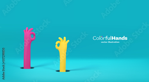 3d colorful two cartoon human hands showing Okay sign vector illustration. Ok gesturing arms fun pop art color style.