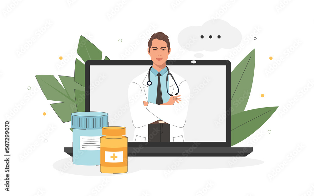 The concept of an online doctor's consultation on medicines. Online medicine, health care, medical diagnostics. Illustration of a doctor from a laptop in a flat style. The concept of an online doctor's consultation on medicines. Online medicine, health care, medical diagnostics. Illustration of a doctor from a laptop in a flat style.