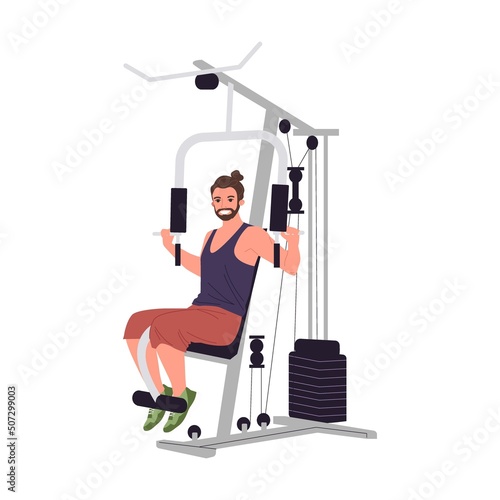 Man doing cardio exercises, weight lifting and yoga in gym vector illustration. Men and women performing fitness exercises in exercise class