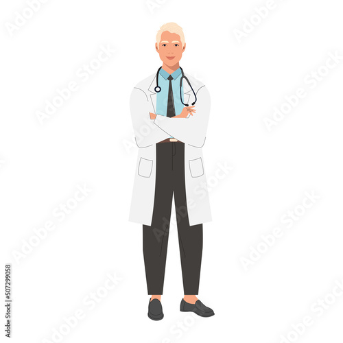 A young smiling doctor with a stethoscope, a medical specialist. Medical concept. Character in a flat trendy style.