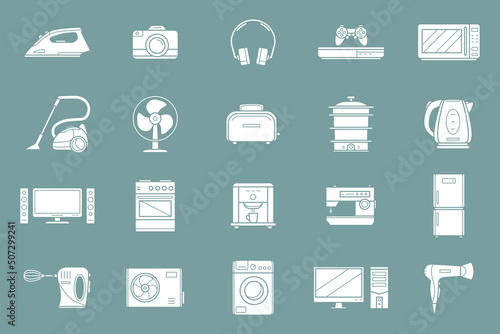 Electronics Icons set - Vector silhouettes of camera, computer, washing machine, television and other appliances for the site or interface