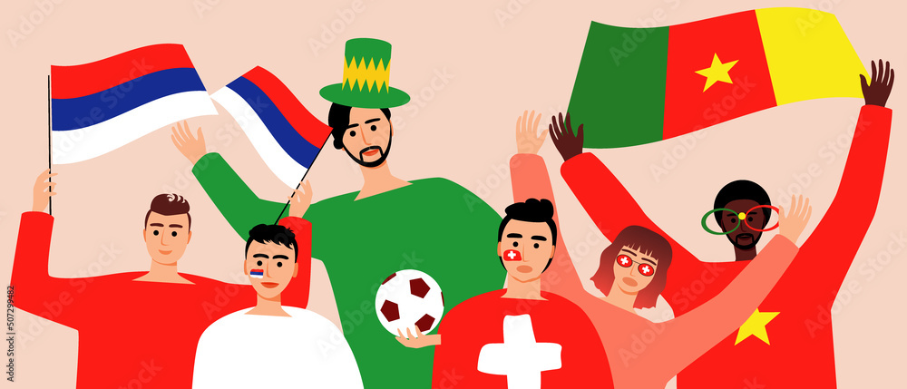 Football fans with flag, flat vector stock illustration as concept supporting football players from group Football fans with flag, flat vector stock illustration as concept supporting football players from group