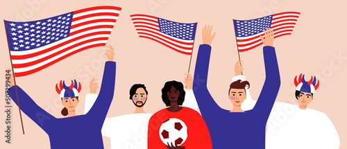 Football fans with US flag, flat vector stock illustration as concept of costumed people, support for football players
