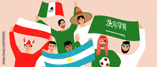 Football fans with flag of Argantin, Saudi Arabia, Mexico, Poland, flat vector stock illustration as concept of championship, games of group C