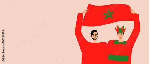 Football fans with Moroccan flag, flat vector stock illustration as copy space template