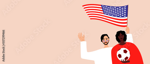 Football fans with USA flag, flat vector stock illustration as copy space template