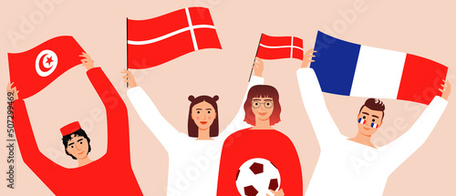 Football fans with flag France, Denmark, Tunisia, flat vector stock illustration as concept of support for football players from group D