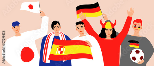 Football fans with flag Japan, Spain, Germany, flat vector stock illustration as concept supporting football players from group