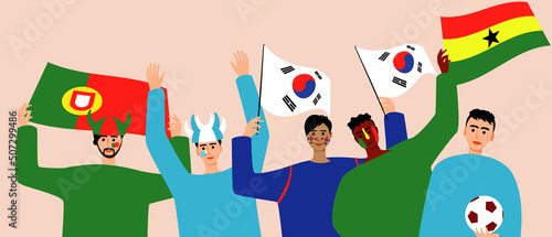 Football fans with flag korea, Uruguay, Ghana, Portugal, flat vector stock illustration as concept supporting players from group H