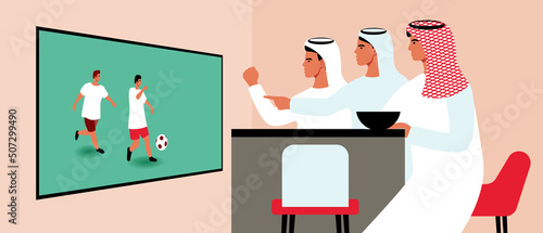 Arab football fans from Qatar, Flat vector stock illustration, Viewers watch broadcast of championship fo football on TV