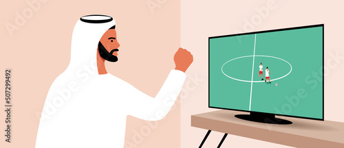 Arab football fans from Qatar, Flat vector stock illustration with man rooting for football in front of TV screen photo