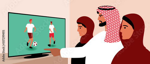 Arab football fans from Qatar, Flat vector stock illustration, Family with women in hijabs watching football on TV