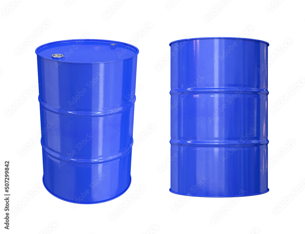 Set of blue metal barrels on a white background, 3d render Set of blue metal barrels on a white background, 3d render