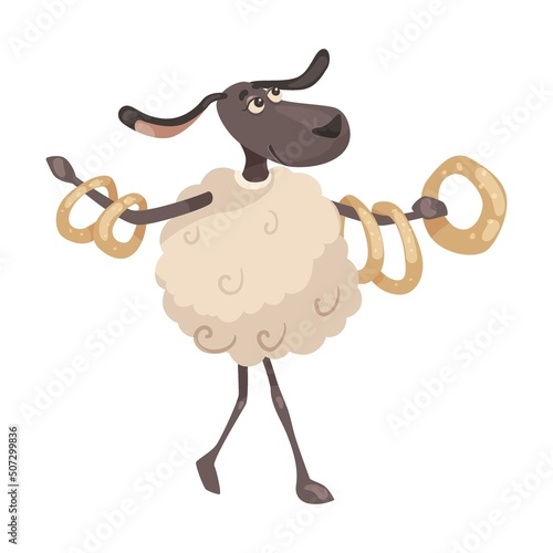 Sheep with bagels at fair cartoon illustration. Fluffy lamb in skates or sneakers with candy. Sleepy animal in nightcap with pillow. Farm animal concept