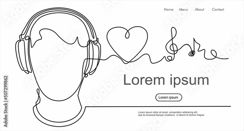 continuous line drawing of man listening music in headphones wuth sound music gadget and note. Can used for logo, emblem, slide show and banner.