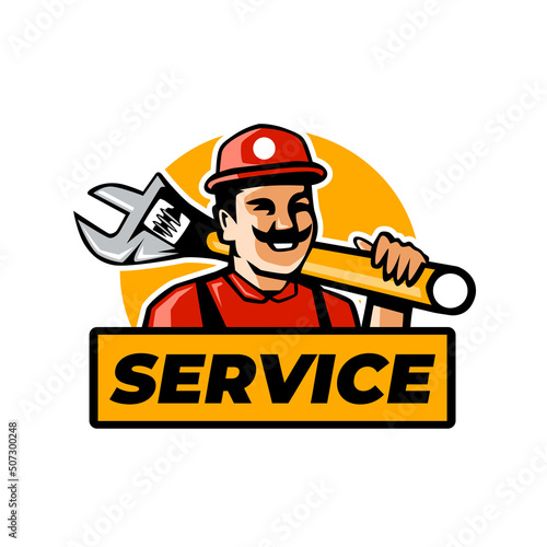 Service repair, plumbing worker emblem logo design.