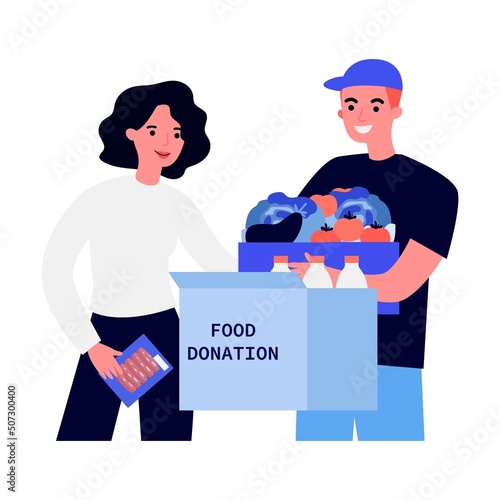 Happy volunteers donating clothes and food for charity flat vector illustration. Kindness and generosity concept.