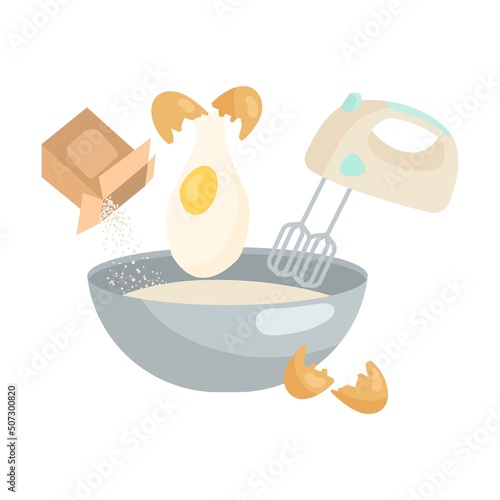 Process of cooking cake or pie cartoon illustration. Adding ingredients in bowl. Preparation concept