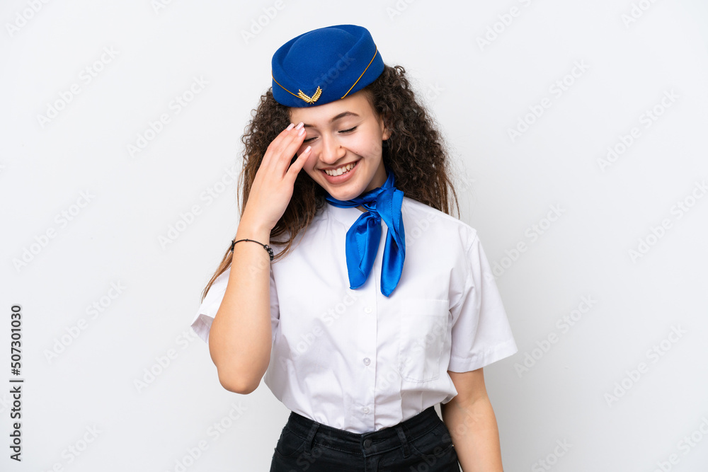 Airplane stewardess Arab woman isolated on white background laughing Airplane stewardess Arab woman isolated on white background laughing