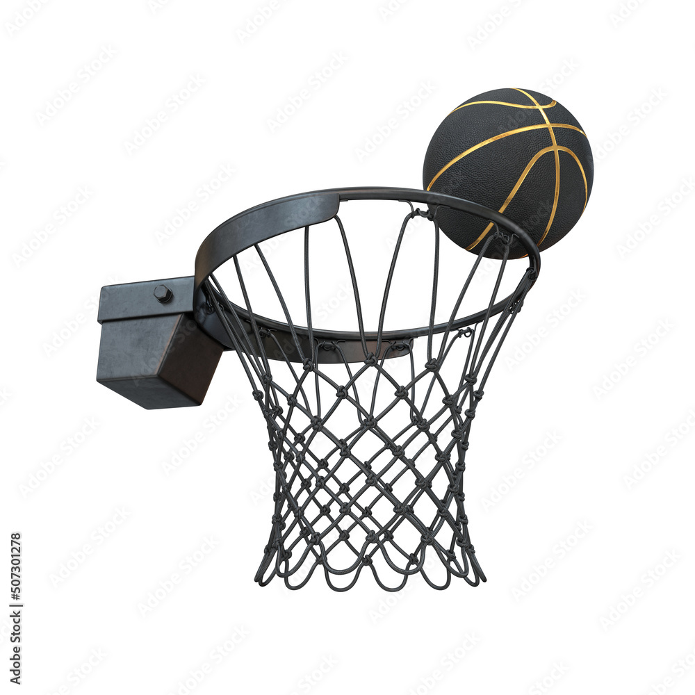 Black basketball rim with a ball bottom view on a white background, 3d render