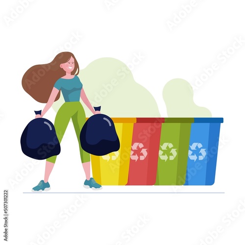 Waste sorting. Woman carrying bags with garbage to different trash bins flat vector illustration. Cleaning, recycling, ecology concept for banner