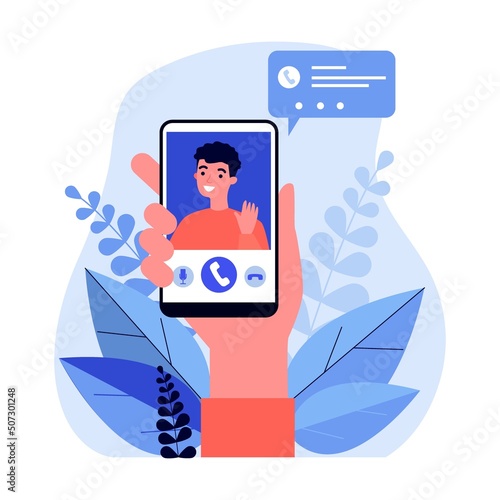 Person holding smartphone and calling via video chat mobile app flat vector illustration. Cute man waving by hand from telephone screen