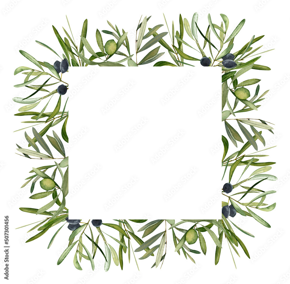 Obraz premium Watercolor hand drawn frame with olive leaf and olives.