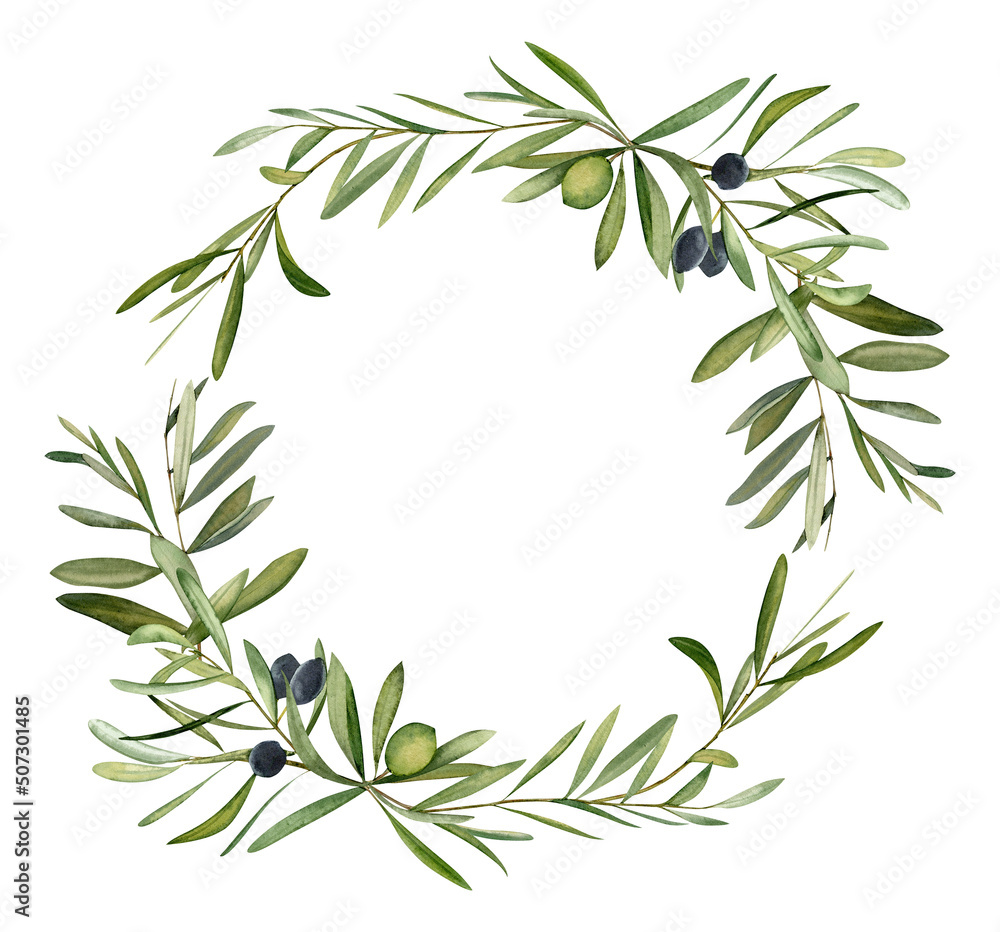 Obraz premium Watercolor hand drawn wreath with olive leaf and olives.