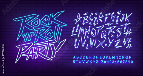 Rock Party Neon Light sign with type font - editable vector template. Neon tube letters design for Rock music, Light sign. Neon font. Rock Party cyberpunk style lettering design
 photo