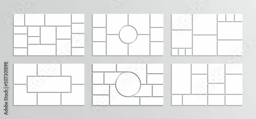 Mood board collage grid collection. Photo album template set. Mosaic pictures frame. Retro gallery banner. Moodboard layout. Portfolio images isolated on gray background. Vector illustration