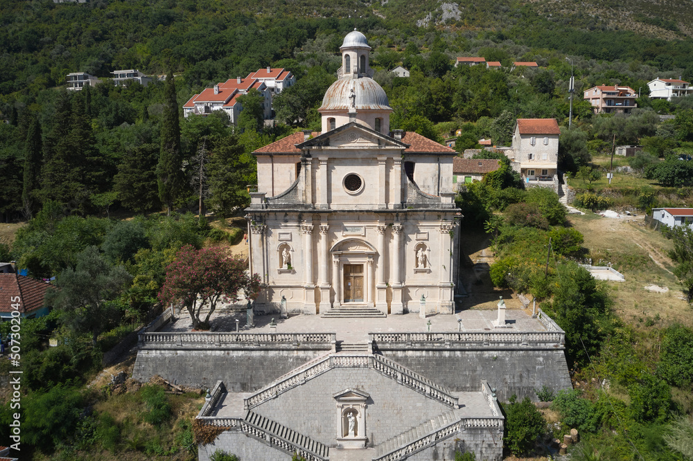 Aerial view of the Church of the Holy Virgin Mary in Montenegro