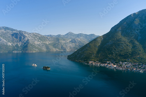 Aerial view of coastal town of Perast and two small islets in sea, Montenegro