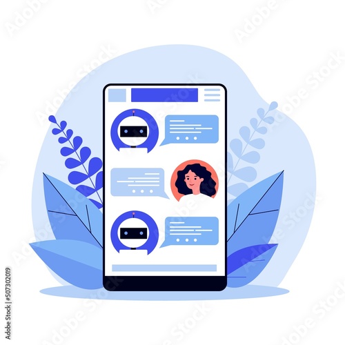 Woman consulting chatbot. Online chat for customer support with ai assistant. Vector illustration for artificial intelligence concept