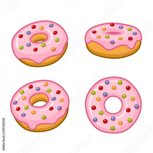 Donuts with Pink Topping Icon Set on White Background. Vector