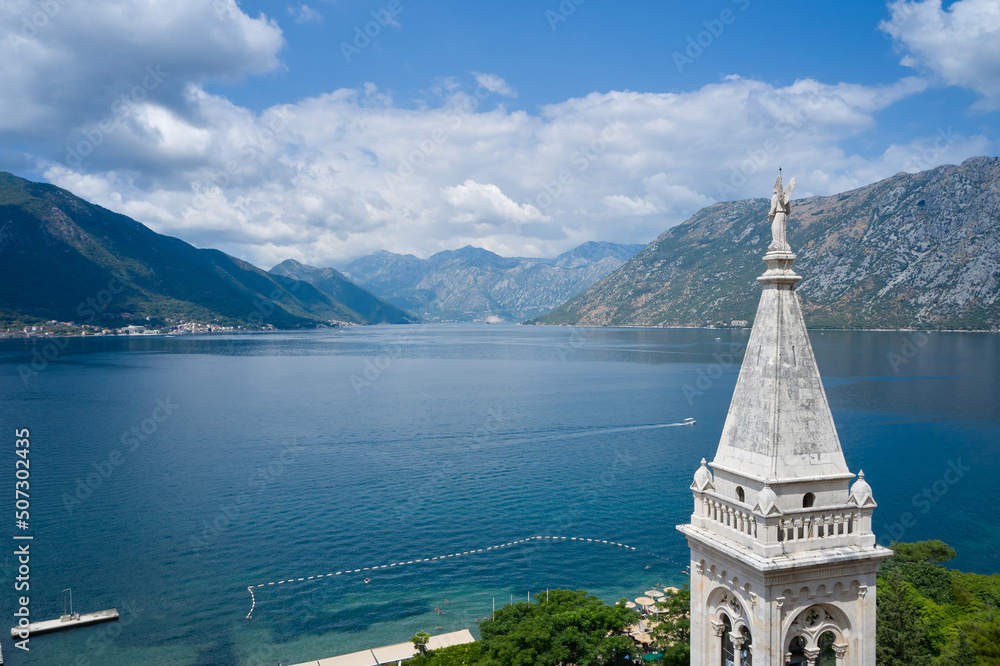 Scenic view of the Bay of Kotor through the tower of the church in Montenegro