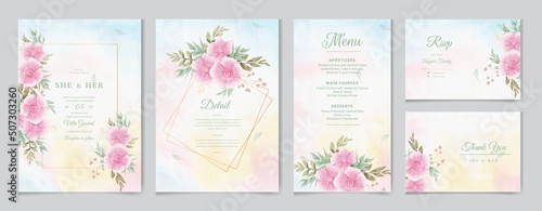 Elegant watercolor wedding invitation and menu template with greenery leaves, rsvp thank you and Instagram story.
