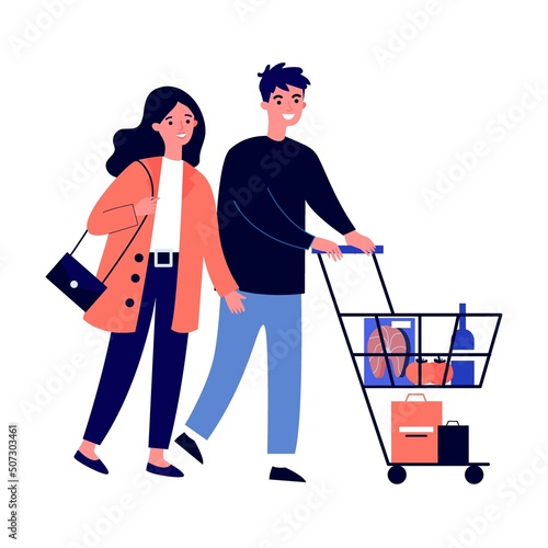 People buying food at supermarket flat vector illustration. Cartoon customers with cart walking down aisle, choosing products and grocery goods
