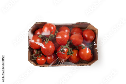 Wallpaper Mural Cherry Tomatoes - Cardboard Package Wrapped in Clear Plastic - Top View, Macro Close Up - Isolated on White Background Torontodigital.ca