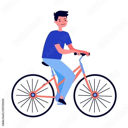 Boy cycling with city on background flat vector illustration. People riding on bikes in urban park. Healthy lifestyle, vacation and leisure