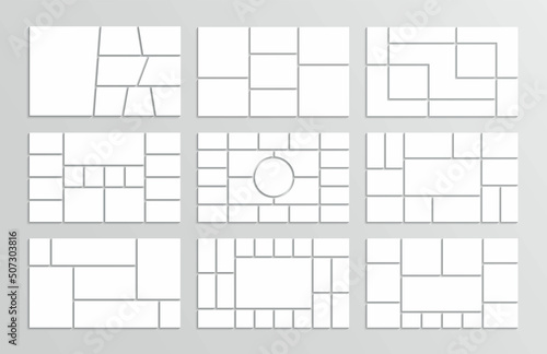 Collage layout template. Photo moodboard. Mood board grid. Mosaic pictures frame. Album brandboard. Set of images on background. Horizontal gallery banners. Organised portfolio. Vector illustration