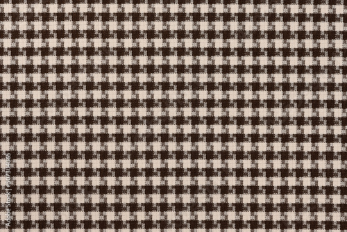 White brown textile cloth texture background. shirt fabric with a checkered pattern. factory material