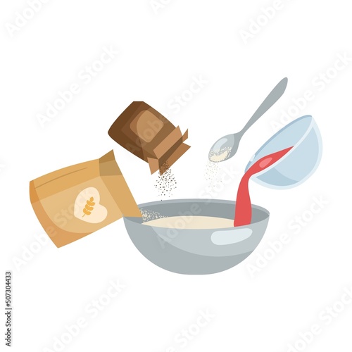 Mixes ingredients. Process of cooking cake or pie cartoon illustration. Adding ingredients in bowl step by step. Preparation concept