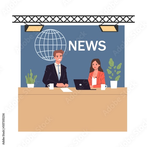 Couple of news anchors. Cameramen, presenters on breaking news background flat vector illustration. TV show, channel, broadcasting concept